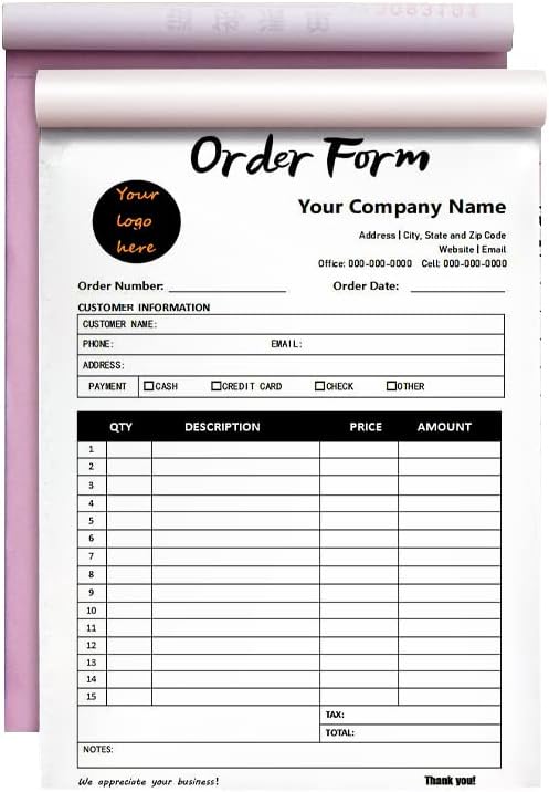 Custom Carbonless Sales Invoice Form Books for Small Business, Personalized NCR 2-Part Receipt Book with Carbon Copies, Cover Add Company Name, Address and Number Printed