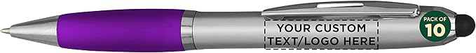 DISCOUNT PROMOS Custom Stylus Ballpoint Pens Set of 10, Personalized Bulk Pack - Black Ink, Great for Office, School, Business, Tradeshows, Events - Purple
