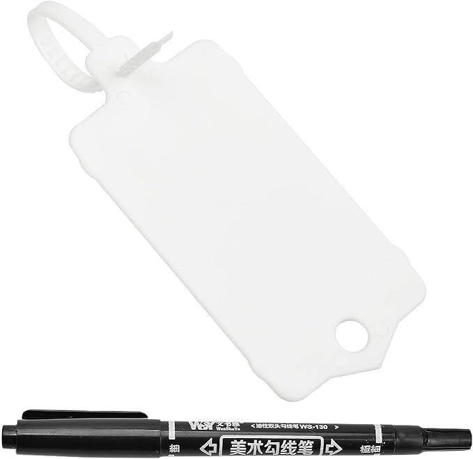 100pcs Blank Plastic Tags for Labeling Reusable Hanging Tags Ties Key Tag Storage Labels Waterproof Plastic Mark Label Writable Hang Sign with One Marker Pen (White)