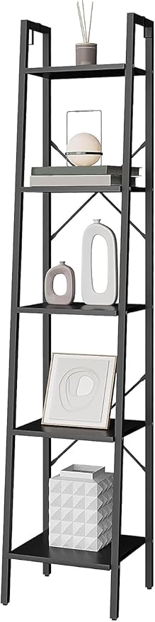 Hzuaneri Ladder Shelf, Bookshelf Bookcase, Freestanding Corner Storage Shelve with 2 Hooks for Home Office, Living Room, Kitchen, Bedroom, Industrial, 11.8" D x 13.4" W x 63" H, Black BC03204B