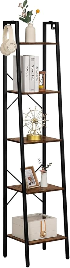 Hzuaneri Ladder Shelf, Bookshelf Bookcase, Freestanding Corner Storage Shelve with 2 Hooks for Home Office, Living Room, Kitchen, Bedroom, Industrial, 11.8" D x 13.4" W x 63" H, Rustic Brown BC03201B