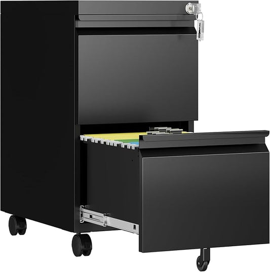 AFAIF 2 Drawer File Cabinet with Lock, Rolling File Cabinets for Home Office, Small Metal Filing Cabinet Office Drawers Under Desk for Letters/Legal/A4 Size, Assembly Required