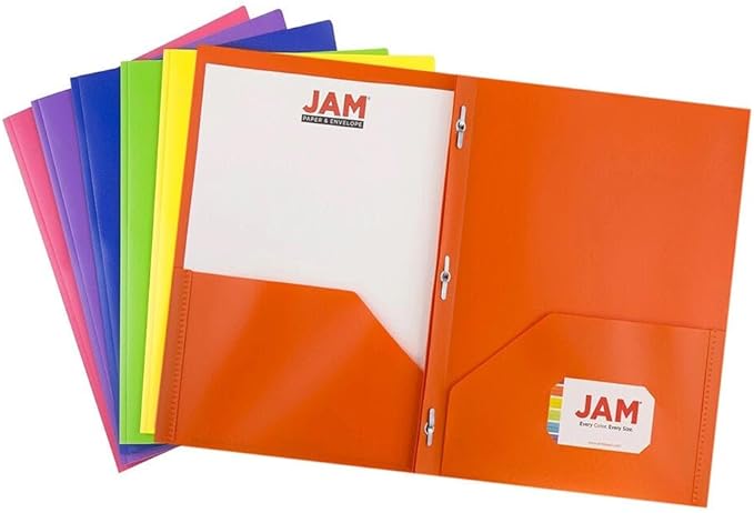 JAM PAPER Plastic 2 Pocket POP Folders - Durable School Folders with Metal Prongs Fastener Clasps - Assorted Primary Colors - Bulk 96 Folders/Box (16 Assorted Packs of 6)