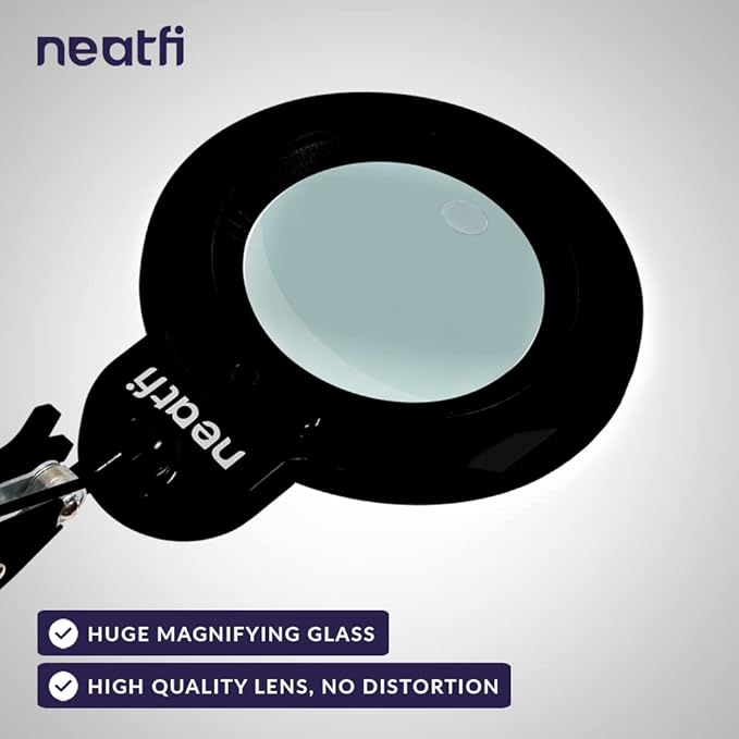 Neatfi XL Bifocal LED Magnifying Lamp, 7-Inch Acrylic Lens, 5D/20D Magnification, Hands-Free, Dimmable, 168SMD LEDs, Adjustable Arm for Crafts, Reading, Close Work (Black, CCT with Clamp)