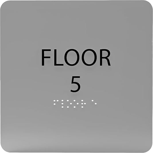 Grey w/Black ADA Floor 5 Sign with Braille – Made from Durable Acrylic and Ready to Mount