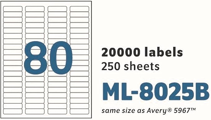 Printable Labels for Mailing - Laser/Ink Jet Compatible Shipping Address Return Labels, 80 per Sheet, 1/2 x 1-3/4", Box of 250 Pages/20000 Labels, White