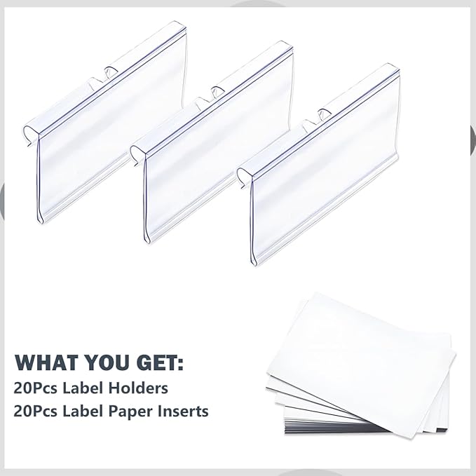 Diteje 20 Pack Plastic Wire Shelf Label Holder,Shelving Rack Retail Sign Hook Labels Clip On with Paper Inserts,3.15x1.50inch