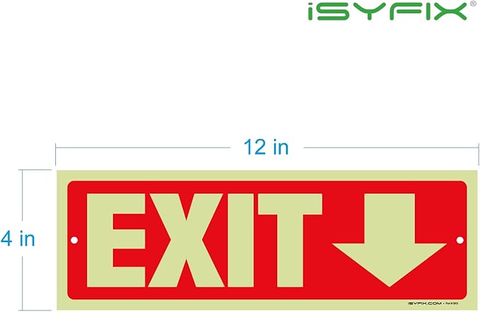 iSYFIX Exit Signs with Directional Down Arrow - 2 Pack 12x4 Inch Glow in the Dark for Business, School, Office, Warehouse - Durable 40 Mil Polystyrene, UV Laminated, Waterproof, Scratch & Fade Resistant