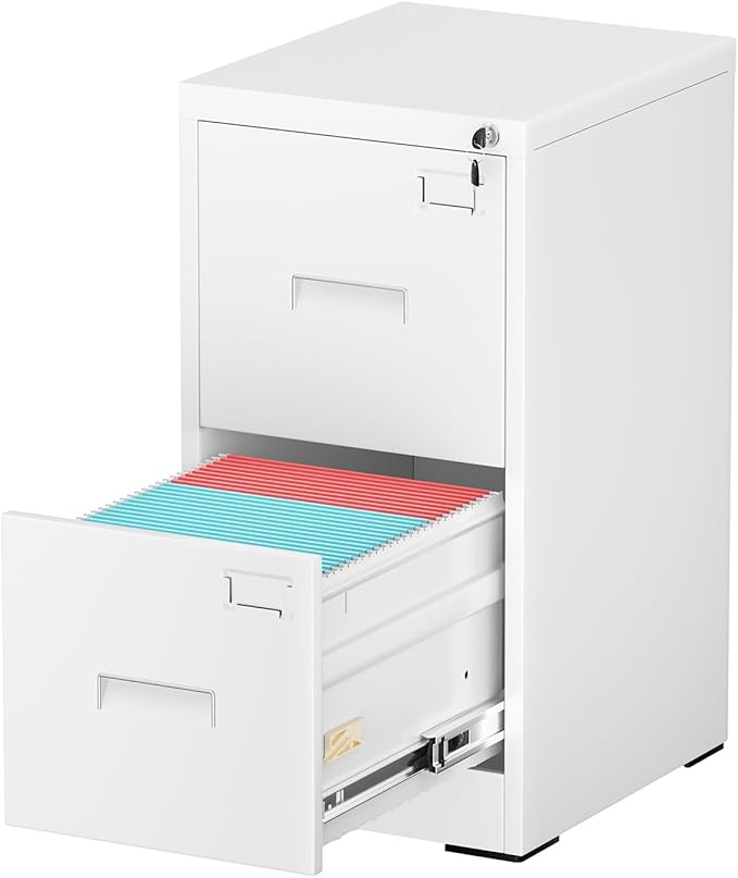 INTERGREAT 2 Drawer File Cabinet, White Metal Filing Cabinet with Lock, Lockable Vertical File Office Cabinet for Hanging Letters/Legal/A4, Assembly Required