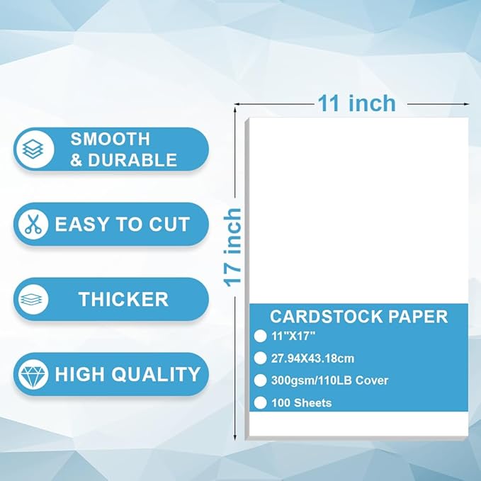 Cardstock Paper - Heavy White Stock, Cover Stock Paper, 110lb(300 gsm) Cover Stock Paper, 11" x 17", 100 Sheets, Card Stock for Poster, Menus, Greeting Cards, Tabloid, Architectural, Design Sketches