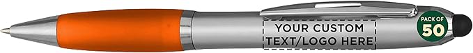 DISCOUNT PROMOS Custom Stylus Ballpoint Pens Set of 50, Personalized Bulk Pack - Black Ink, Great for Office, School, Business, Tradeshows, Events - Orange