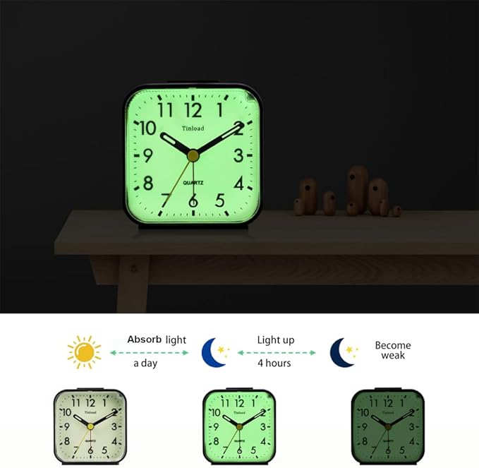 Tinload Small Battery Operated Analog Travel Alarm Clock Silent Non Ticking,Gentle Wake, Ascending Beep Sounds, Snooze,Lighted on Demand, Glow in Dark dial,Easy Set