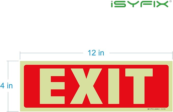 iSYFIX Exit Glow in the Dark Sign Stickers – 12 Pack 12x4 Inch – Photoluminescent Vinyl, Laminated for UV, Weather & Fade Resistance, Indoor & Outdoor for Business, School, Office, Warehouse