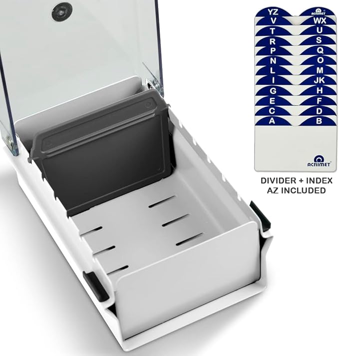 Acrimet Index Business Card Size File Holder Organizer Box Metal Base Heavy Duty (AZ Index Cards and Divider Included) (White Color with Clear Crystal Plastic Lid Cover)