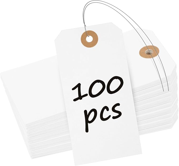 Uniclife 100 Pcs Manila Tags White Blank Shipping Tags with Wire Attached 4.7 Inch Paper Hang Tag with Reinforced Eyelet Large Marking Writable Price Label Tag, 4.7" x 2 3/8"