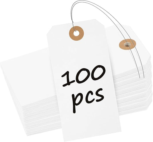 Uniclife 100 Pcs Manila Tags White Blank Shipping Tags with Wire Attached 4.7 Inch Paper Hang Tag with Reinforced Eyelet Large Marking Writable Price Label Tag, 4.7" x 2 3/8"