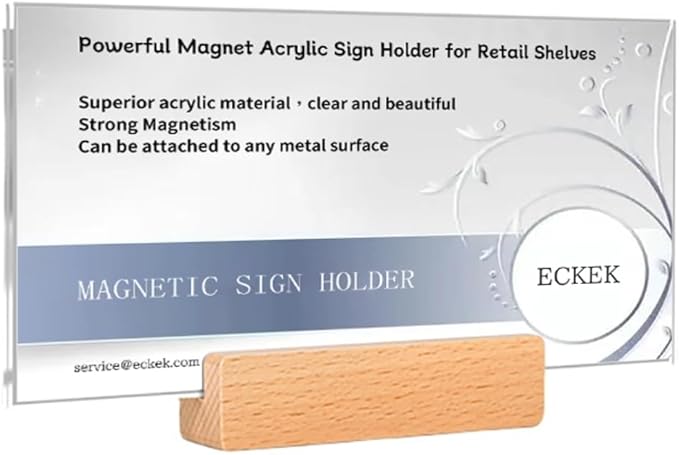 ECKEK Magnetic Sign Holder Grip Holder, Powerful Magnet, Acrylic Sign Holder for Retail Shelves Display Store Vendor Event Warehouse and Shop Supplies (Wood Base 210*100mm/ 8.27*3.94inches)