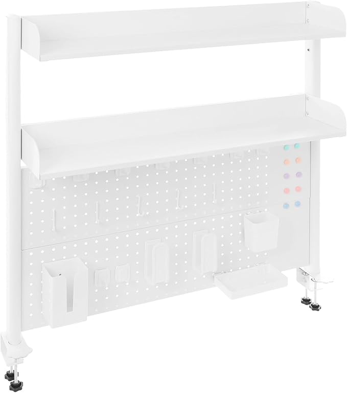 Dlinanta Clamp-On Pegboard Desk Organizer, 2-Tier Clamp On Desk Shelf with Hooks, Office Accessory Organizer for Books, Office Supplies & DIY Storage, 16.5lbs Capacity, 39.37" x 37.4", White