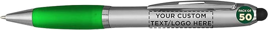 DISCOUNT PROMOS Custom Stylus Ballpoint Pens Set of 50, Personalized Bulk Pack - Black Ink, Great for Office, School, Business, Tradeshows, Events - Green