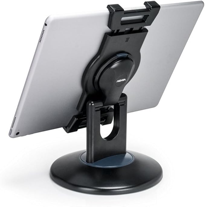 Premium 360° Rotating Tablet Stand for Desk – Adjustable Tablet Holder for 7.9” to 13” Devices, Swivel Weighted Base, Sturdy Black Metal iPad Stand for Office, Home, and Retail Display