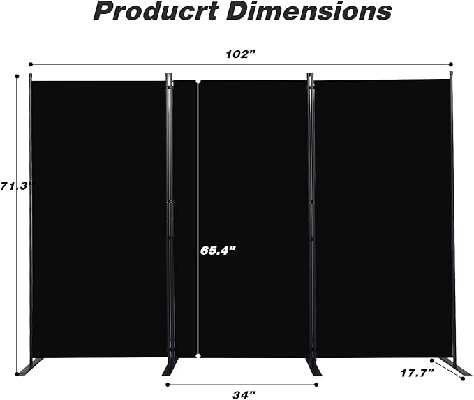 CHOSENM Room Divider, 3 Panel Folding Privacy Screens with Wider Support Feet, 6 Ft Portable Room Partition for Room Separator, 102" W X 71" H, Black