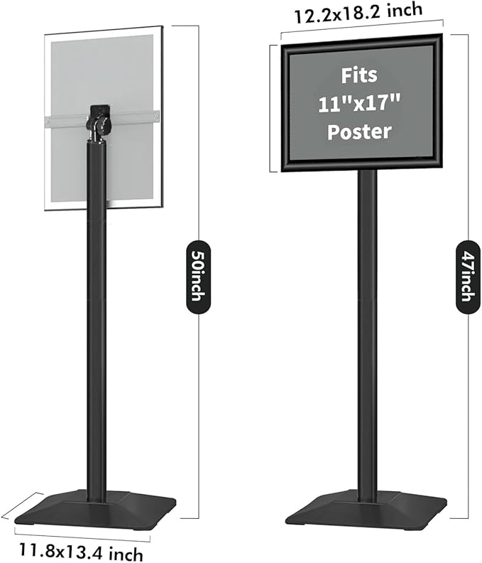 INNOVSIGN Heavy Duty Adjustable Pedestal Poster Sign Stand, 11x17 Aluminum Open Floor Standing Sign Holder for Vertical and Horizontal View Display, Black