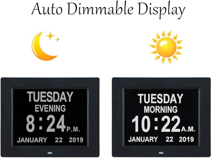 TMC 8 Inch Dementia Clock for Seniors – Large Auto-Dimming Calendar Display with Date & Time, Multi-Language Support, Medicine Reminders & Alarms – Wall or Desk Mount, Integrated Stand (Black, SD)