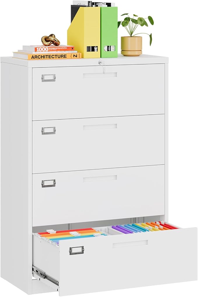 MIIIKO 4 Drawer Lateral File Cabinet with Lock, Black Office Filing Cabinet with Lock, Metal Horizontal Storage Cabinet with Large Drawers for Hanging Letter Legal File Folders