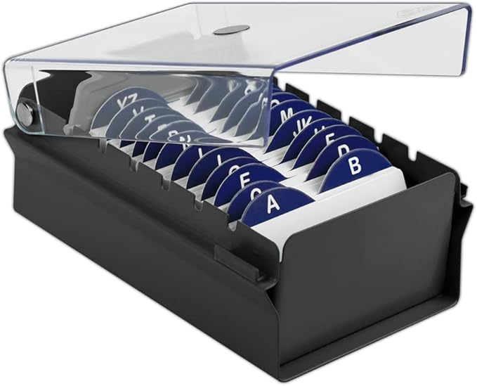 Acrimet Index Business Card Size File Holder Organizer Box Metal Base Heavy Duty (AZ Index Cards and Divider Included) (Black Color with Clear Crystal Plastic Lid Cover)