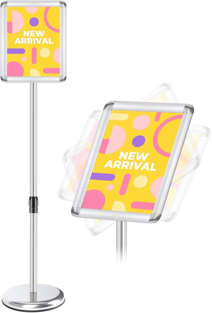 RedChili Sign Holder Stand 8.5x11 Inch, Floor Standing Sign Holder With Rotated Snap-Open Aluminum Frame, Angle Height Adjustable Signage Stand with Round Base for Advertising Poster (Silver, Round Corner)