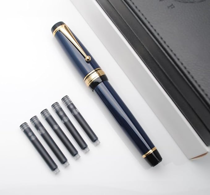 xixixiaozhu Metal Big Fountain Pen Set Medium Nib 0.7mm, Includes Ink Refill Converter, 5 Ink Cartridges & Gift Box (Medium Nib 0.7mm, Dark Blue)