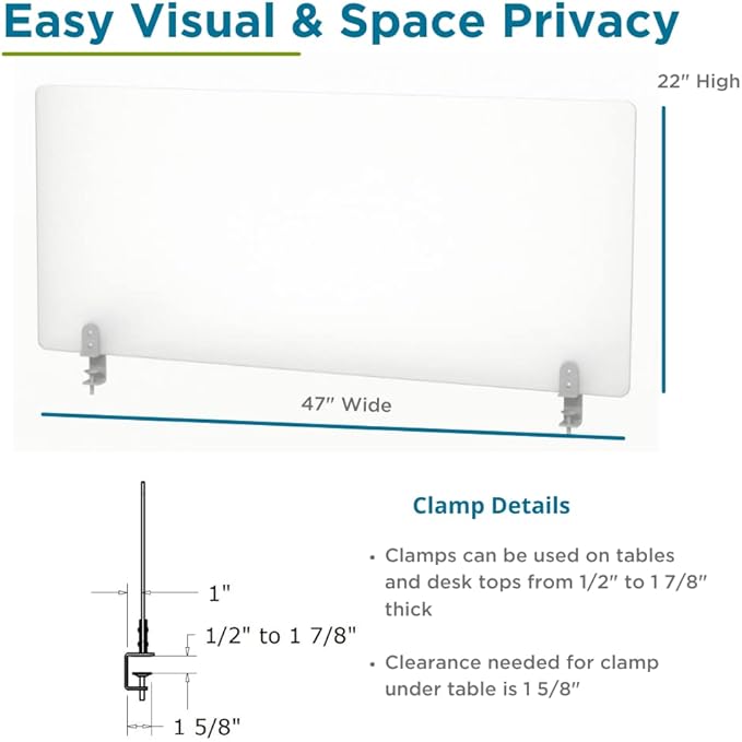 Desk Divider for Students and Desk Privacy Panel. Office Partitions and Ideal Cubicle Light Shield. Frosted Acrylic Clamp-on Desk Partition - 47” W x 22”H Divider