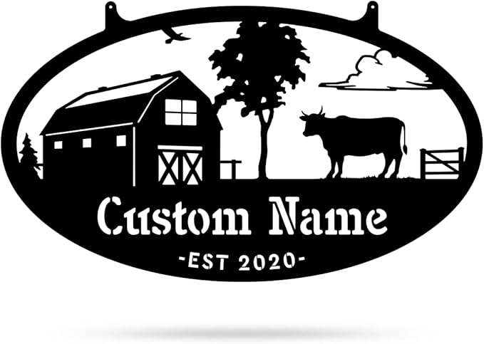 RealSteel Personalized Metal Farmhouse Sign - Custom Farm Scene Wall Art with Barn, Horse, Trees, and Fence - Custom Last Name & Established Date - Durable Outdoor Garden and Patio Decor