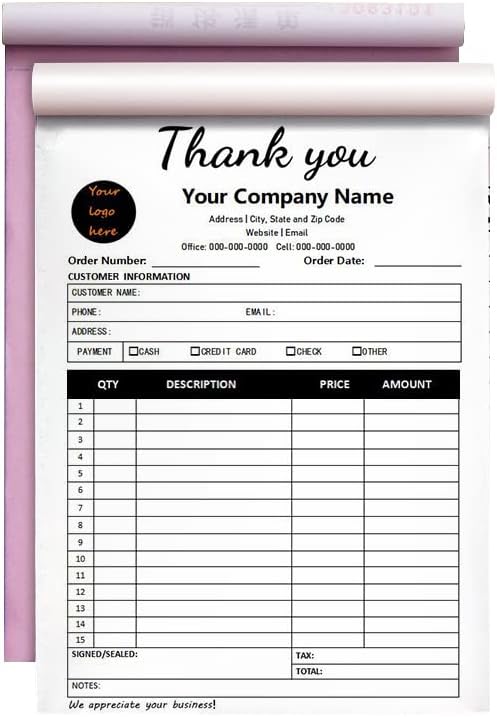 Custom Carbonless Sales Invoice Form Books for Small Business, Personalized NCR 2-Part Receipt Book with Carbon Copies, Cover Add Company Name, Address and Number Printed