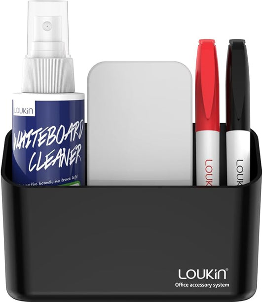 loukin Magnetic Marker Holder Set, Dry Erase Marker Holder, Dry Erase Accessory Tray Set (Includes 1 Eraser, 1 Cleaner, 2 Dry Erase Markers), Ideal for Office, School or Home Use(Black)