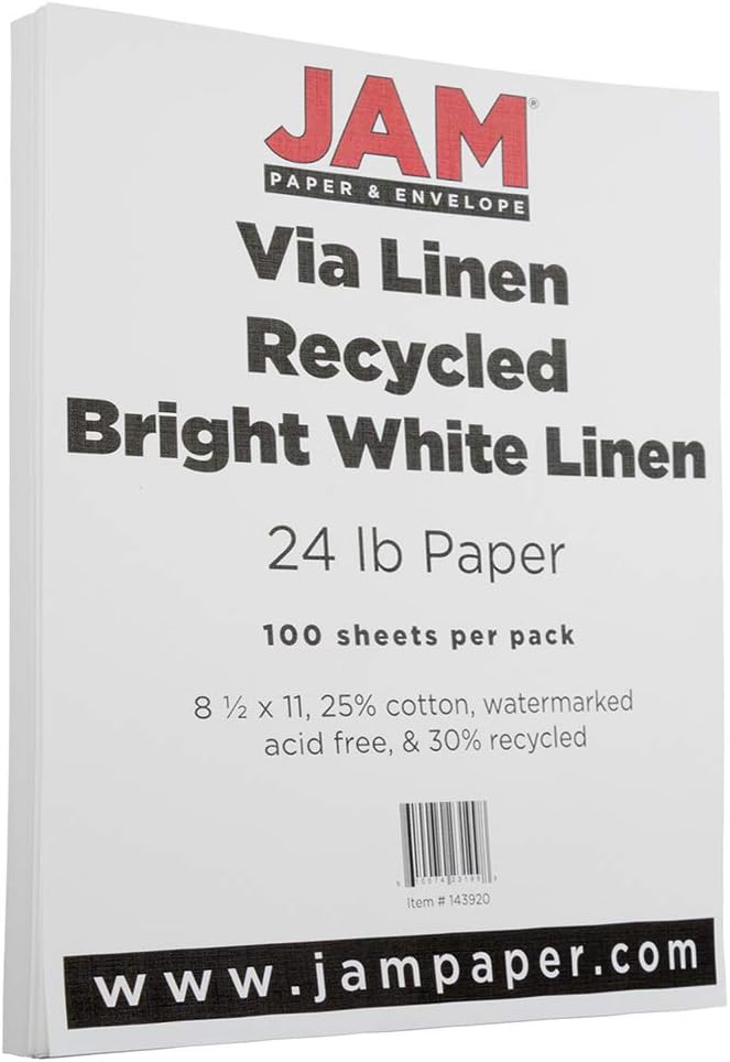 JAM PAPER Strathmore 24lb Paper - 90 gsm - 8.5 x 11 - Bright White Linen - 100 Sheets/Pack