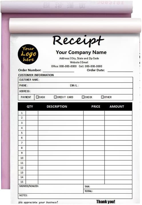 Custom Carbonless Sales Invoice Form Books for Small Business, Personalized NCR 2-Part Receipt Book with Carbon Copies, Cover Add Company Name, Address and Number Printed