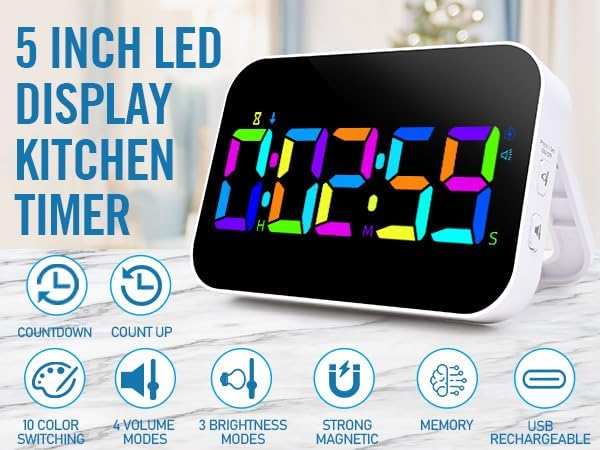 Kitchen Digital RGB Timer, Count Down Up, Rechargeable, Vibration Mode Adjustable Volume and Brightness LED Display, Time Management Cook, Desk, Kids Adults Study Teaching, Kitchen Gadgets