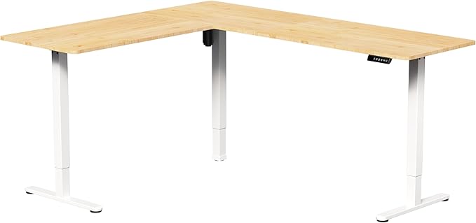 VIVO Electric Corner 75 x 63 inch L-Shaped Standing Desk, Memory Height Adjustment, Real Bamboo Top White Frame, DESK-E3CTWO-75
