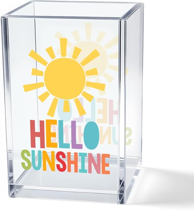 Vgrti Hello Sunshine Acrylic Cosmetic Pencil Pen Holder Cup, Inspirational Sunshine Desk Organizer Accessories for Home Office Decor, Motivational Appreciation Gifts for Coworker Teacher Secretary