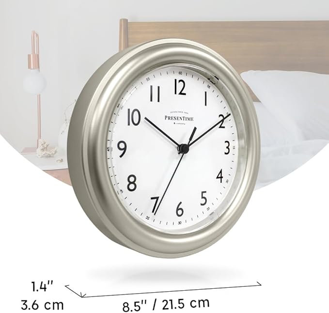 Presentime & Co. 8.5" Modern Farmhouse Essential Wall Clock, Silent Non Ticking, Morning Silver Color. (Wall Clock for Office, Home, Bathroom, Kitchen, Bedroom, and School)