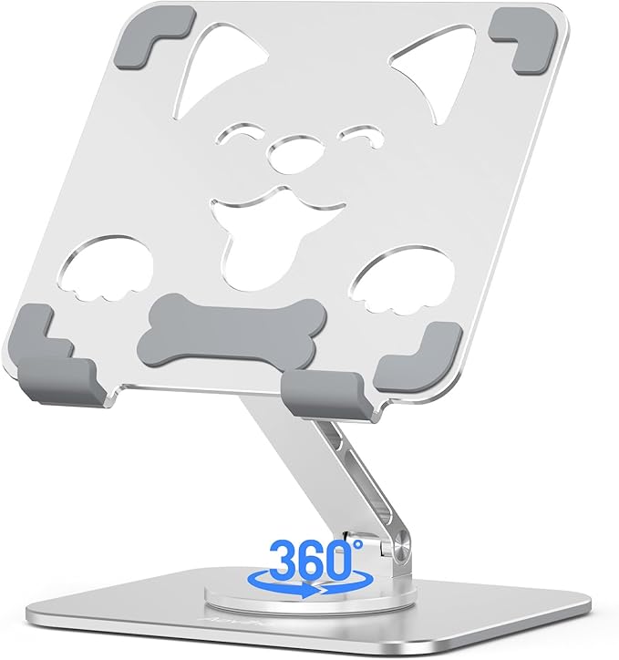 Aoviho Adjustable Tablet Stand for iPad - 360° Rotating Aluminum Desk Holder, Foldable Stable Stand for iPad Pro 12.9/11, Samsung Galaxy Tab, Home Office & Travel, Silver