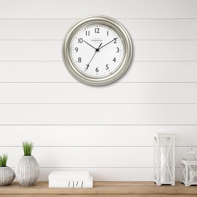 Presentime & Co. 8.5" Modern Farmhouse Essential Wall Clock, Silent Non Ticking, Morning Silver Color. (Wall Clock for Office, Home, Bathroom, Kitchen, Bedroom, and School)