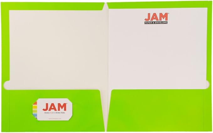 JAM PAPER Laminated Two Pocket Glossy School Folders - Letter Size - High Gloss Lime Green - Bulk 25/Pack