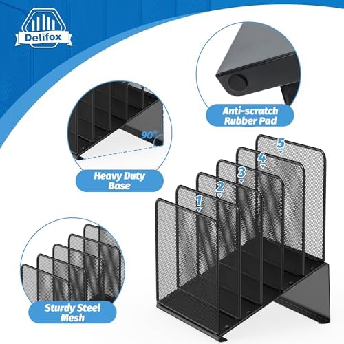 Inclined 5-Section Desk File Organizer, Vertical File Folder Holder File Sorter File Organizer for Desk Desktop Organization for Office Classroom