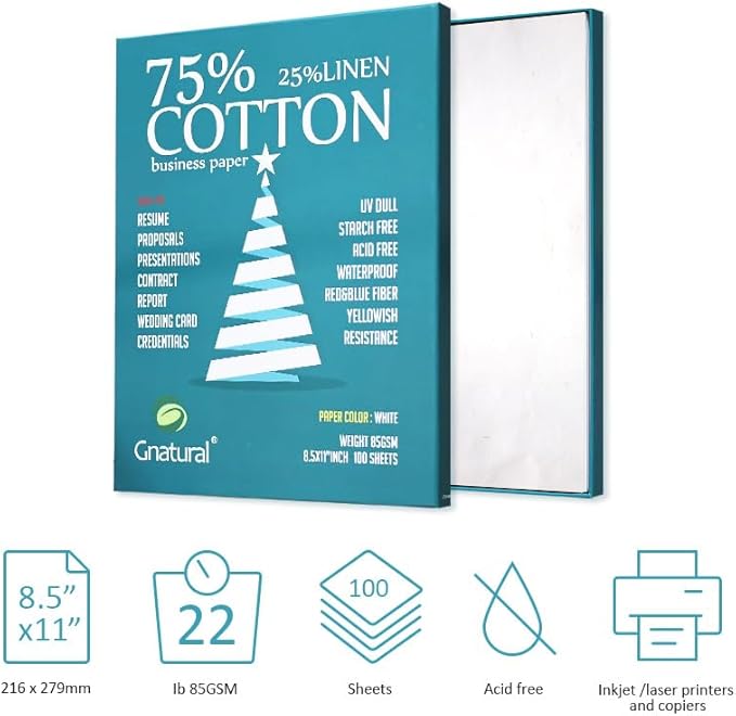75% Cotton 25% Linen Paper, 85gsm Inkjet Printing Paper, 8.5"x11" White Color Resume Paper,100 Sheets Won't Get Wet Cotton Paper