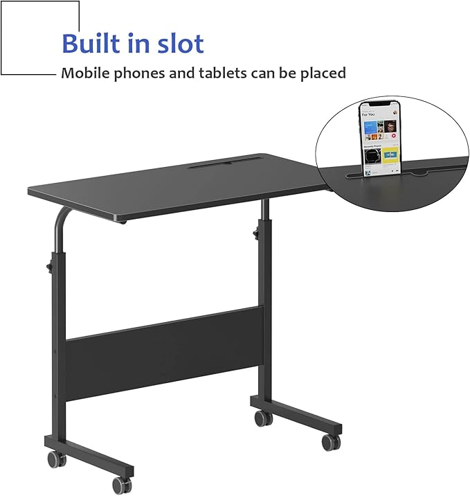 DlandHome Mobile Bed Table 31.5 Inch, Adjustable Side Table Laptop Computer Stand Desks with Tablet Slot Cart Tray Wheels,Black#2