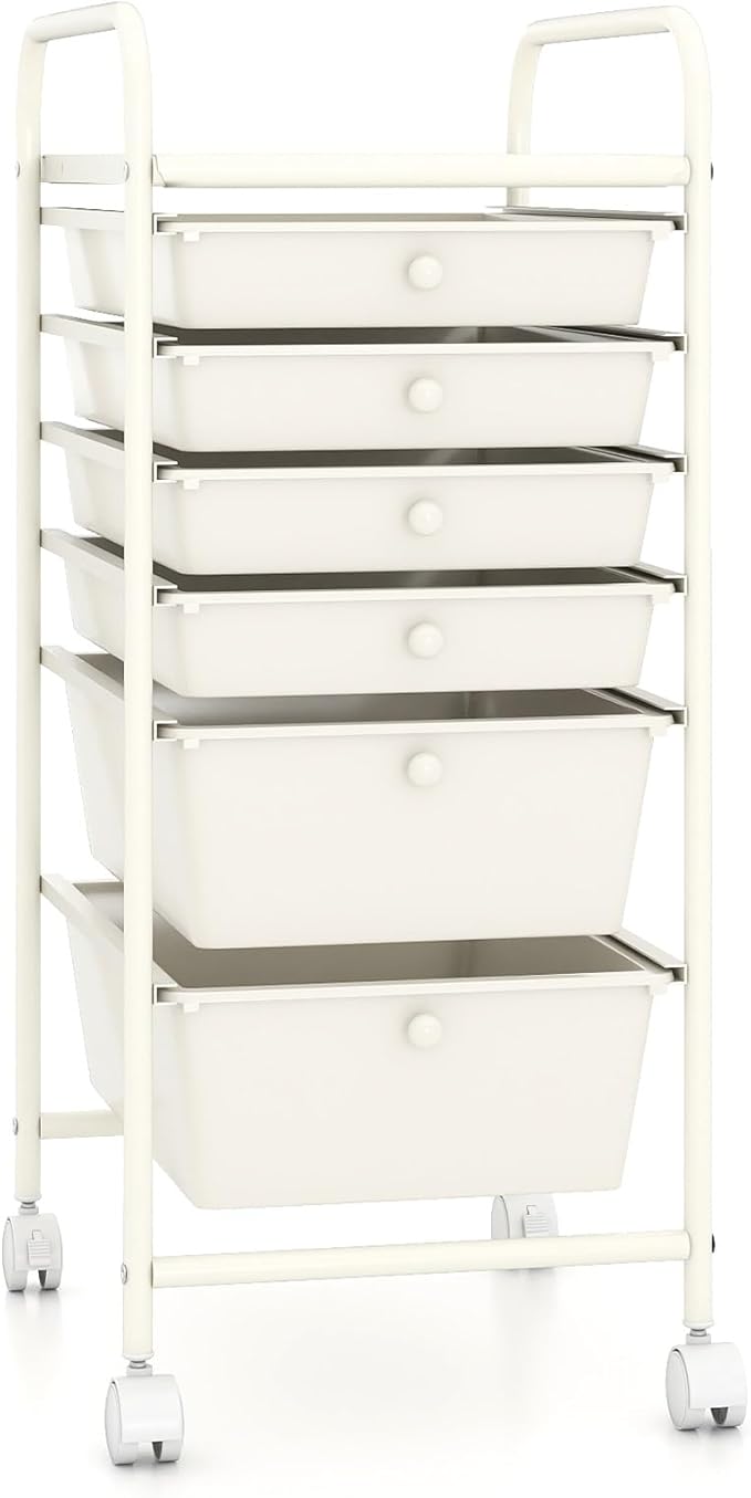 RELAX4LIFE 6-Drawer Rolling Storage Cart - Classroom Organization on Wheels w/Removable Plastic Drawers, Mobile Art Craft Cart for School Paper Home Office, Utility Cart with Drawers (White)