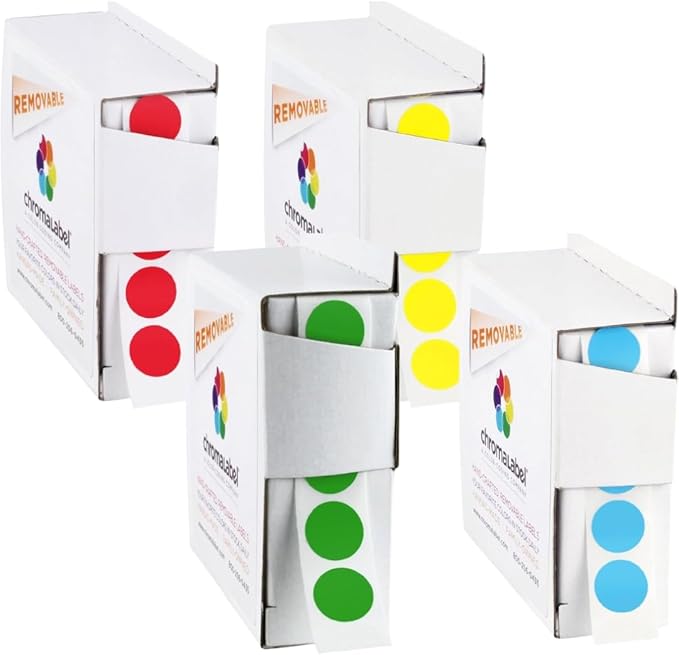 ChromaLabel 1/2 Inch Removable Round Colored Stickers, Dot Labels, Ideal Colored Sticker for Arts and Crafts - 1000 Sticker Labels per Dispenser Box, Red, Yellow, Green, and Light Blue Dot Stickers