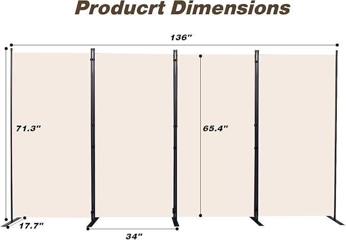CHOSENM Room Divider, 4 Panel Folding Privacy Screens with Wider Support Feet, 6 Ft Portable Room Partition for Room Separator, 136" W X 71" H, Beige